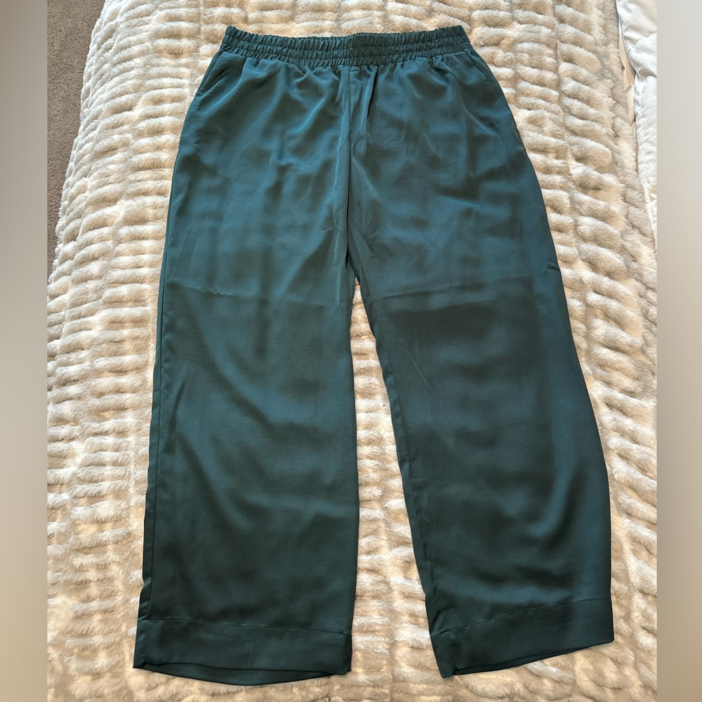 New green satin wide leg pants